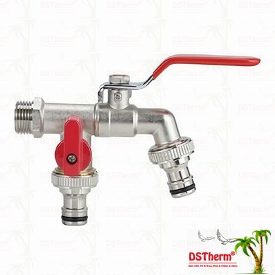 Brass Economic Double Outlet Bibcocks Nickel Plated Tap With Red Handle 1/2"*3/4"*3/4"