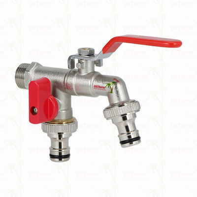 Brass Economic Double Outlet Bibcocks Nickel Plated Tap With Red Handle 1/2"*3/4"*3/4"