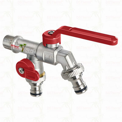 Unique Design Innovative Shape Double Outlet Faucet With Red Aluminum Handle 1/2"*3/4"*3/4"